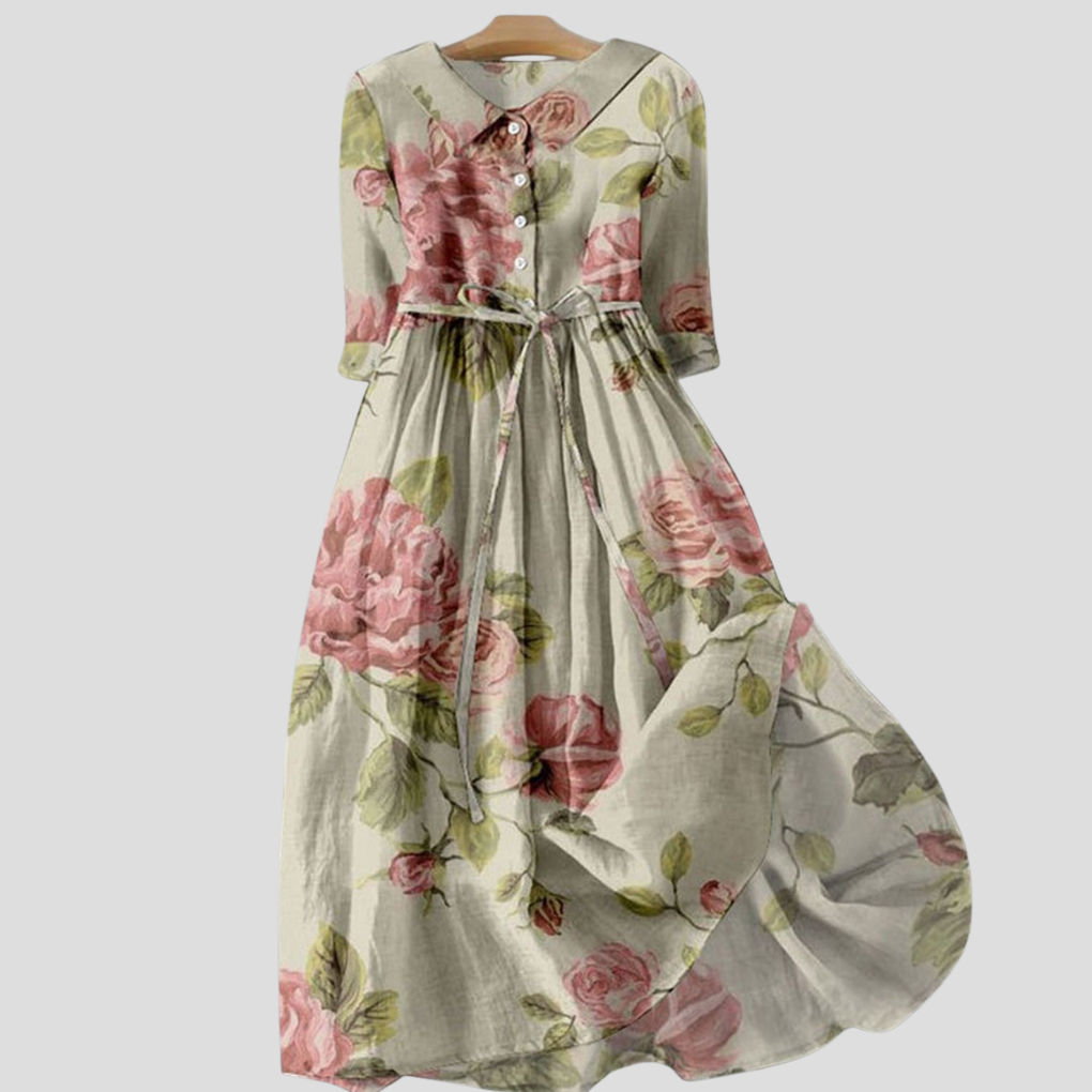 Women's Botanical Floral Lapel Dress with Long Sleeves