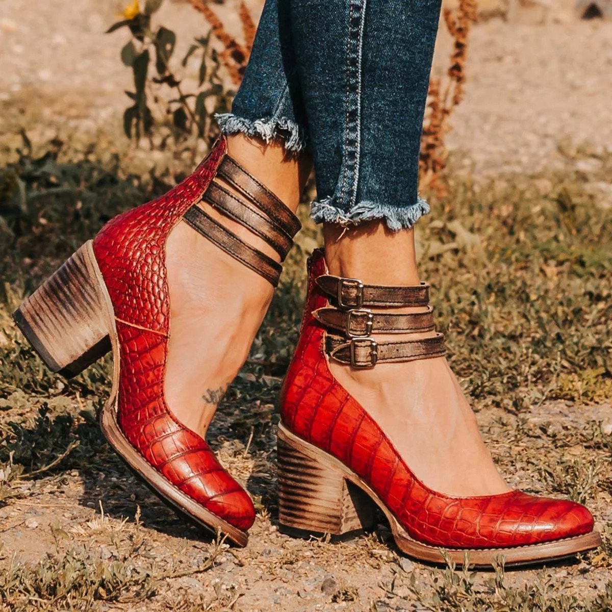 Velisse Vintage Ankle Strap Block Heel Sandals for Women