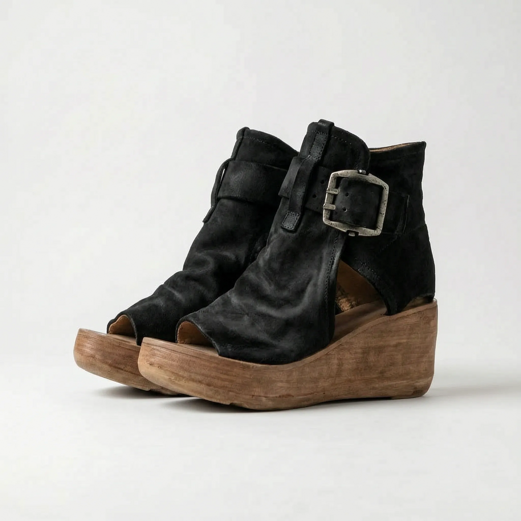 Vintage Platform Peep-Toe Wedge Sandal with Buckle Strap