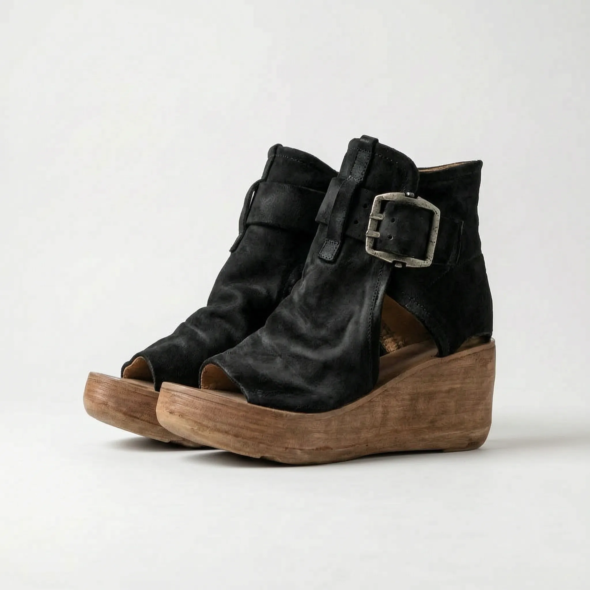 Vintage Platform Peep-Toe Wedge Sandal with Buckle Strap