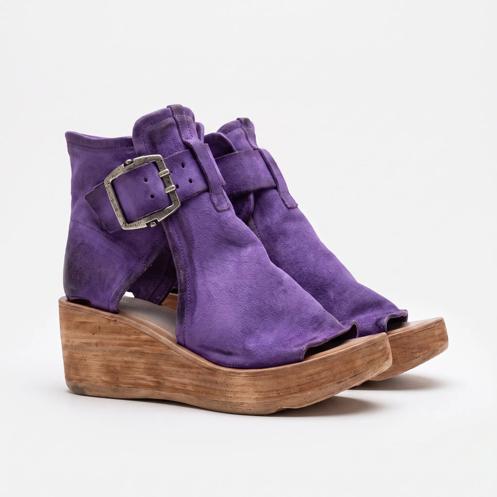 Vintage Platform Peep-Toe Wedge Sandal with Buckle Strap