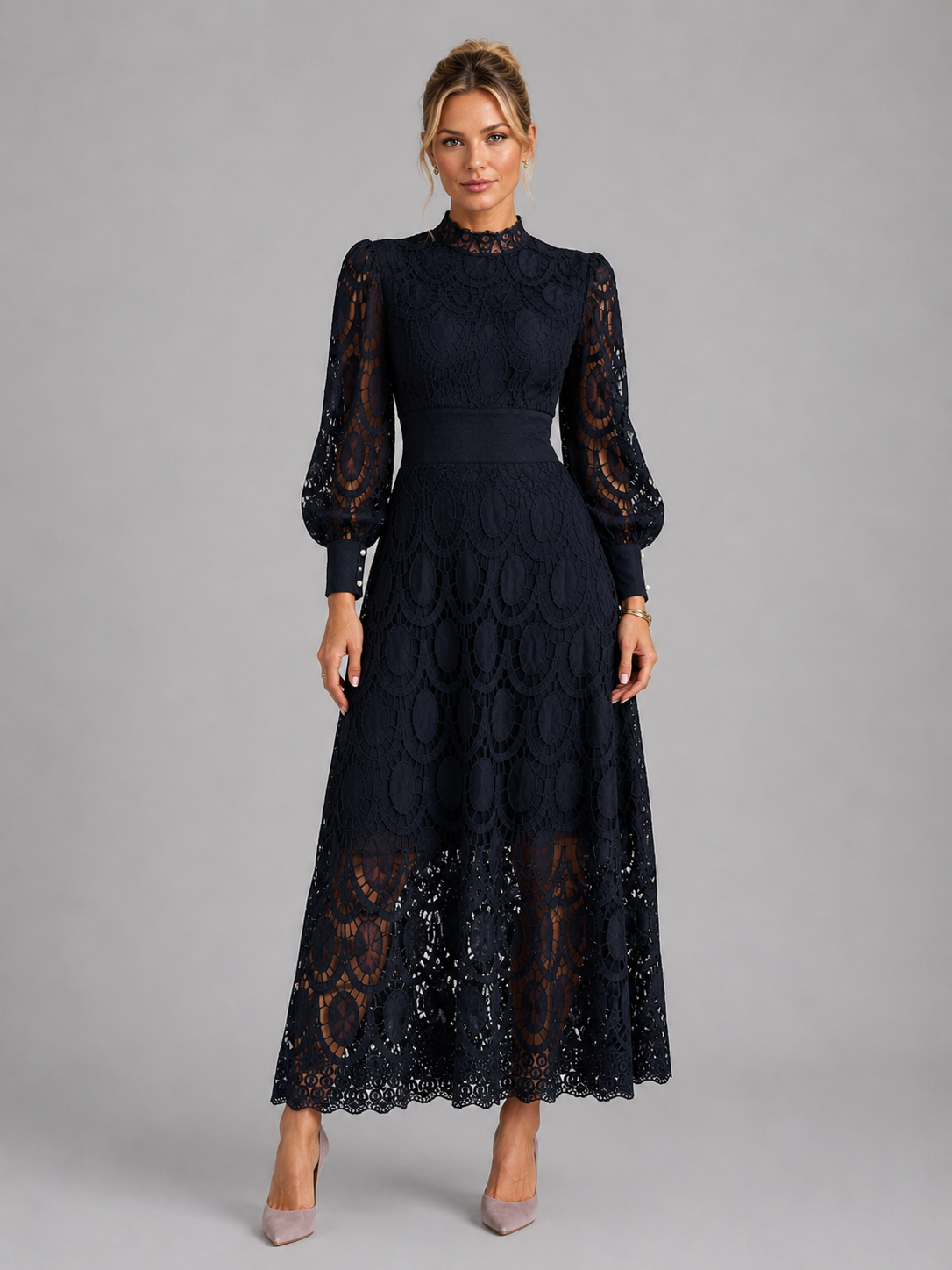 Rosemere Lace Midi Dress | Elegant Long Sleeve Occasion Dress