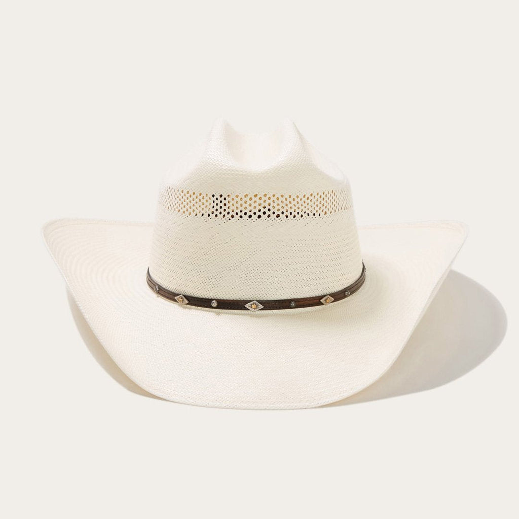 Premium Ventilated Straw Cowboy Hat with Leather Band and Silver Accents