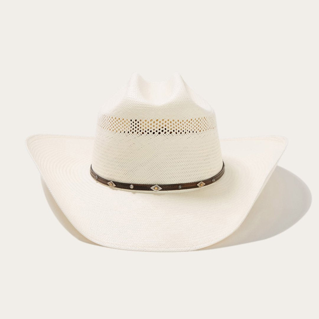 Premium Ventilated Straw Cowboy Hat with Leather Band and Silver Accents