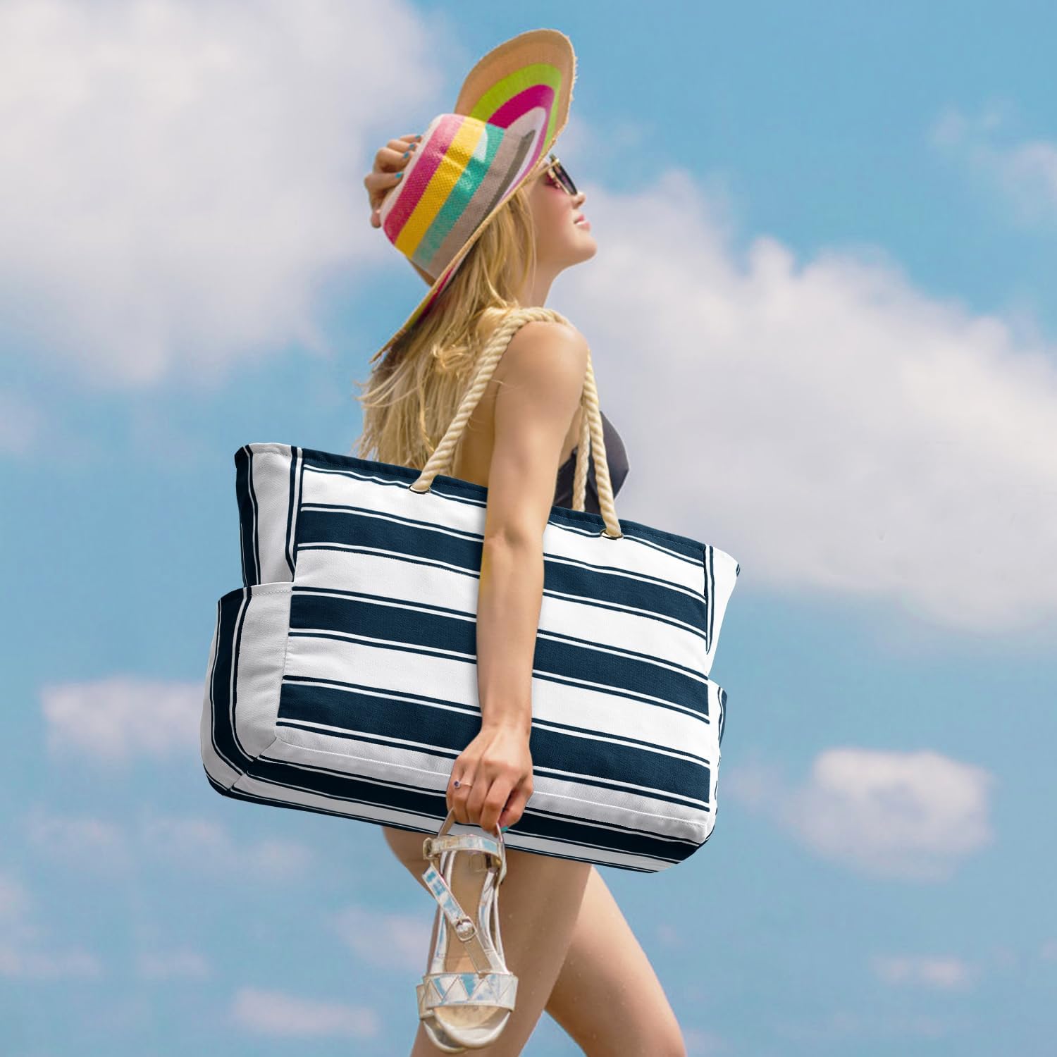 CoastCarry Waterproof Oversized Beach Tote with Zipper and Bottle Pockets