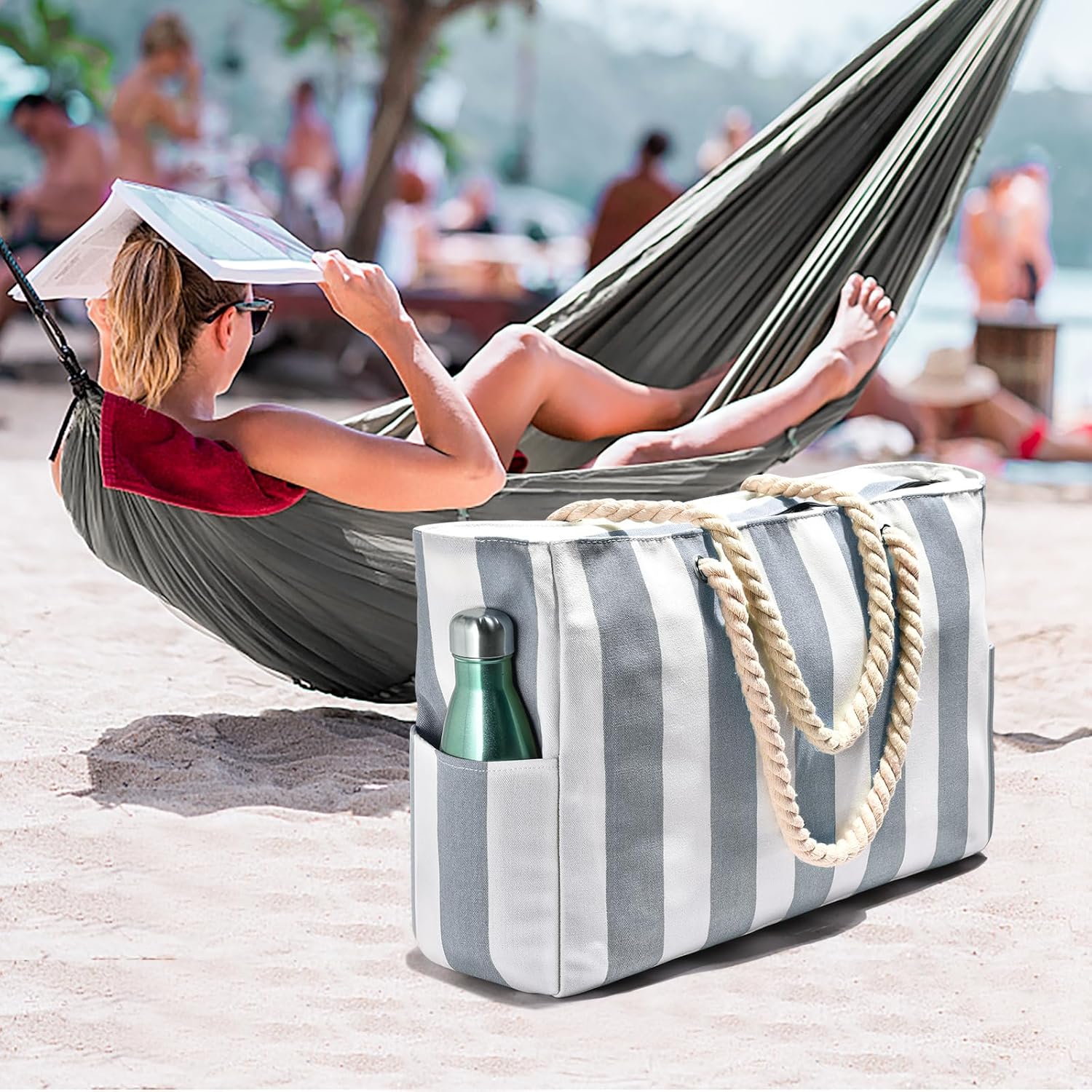 CoastCarry Waterproof Oversized Beach Tote with Zipper and Bottle Pockets