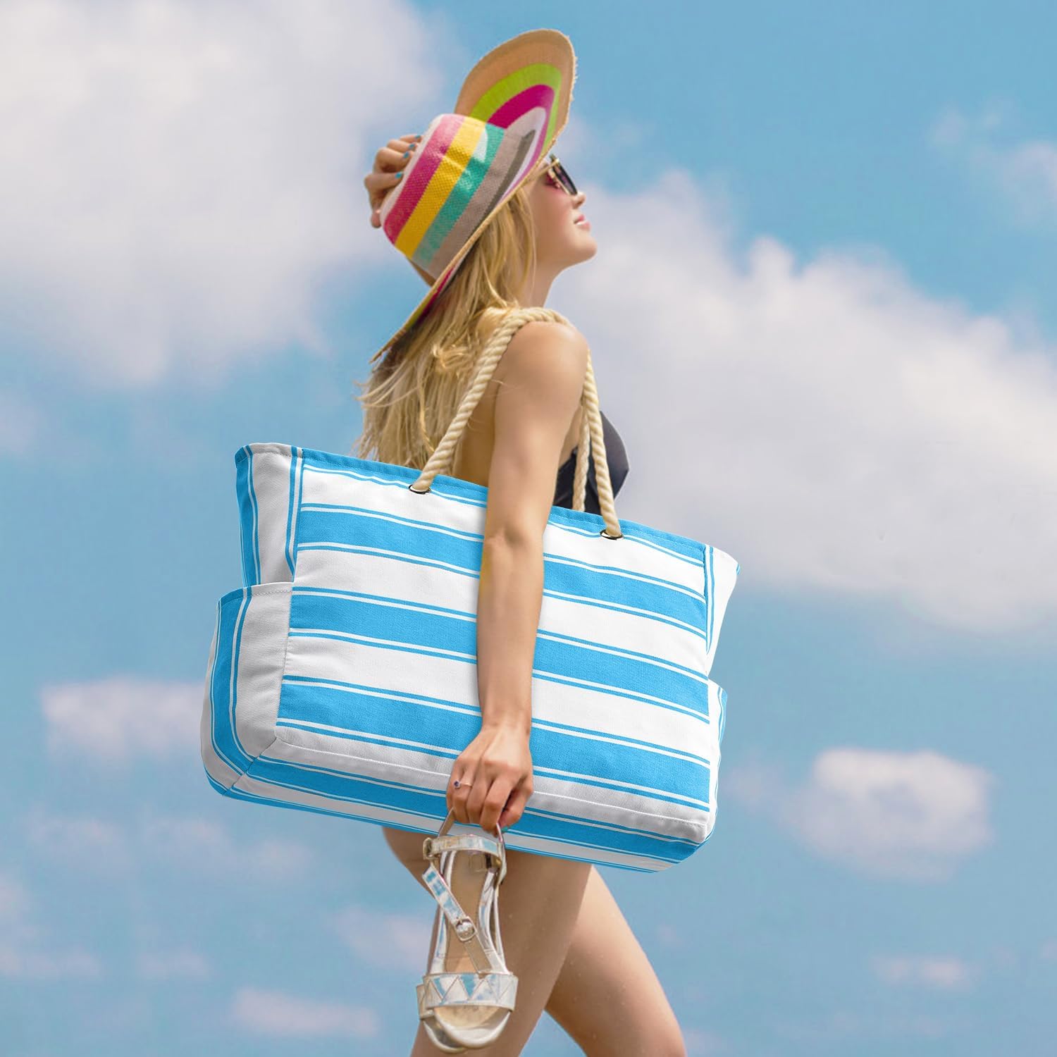 CoastCarry Waterproof Oversized Beach Tote with Zipper and Bottle Pockets