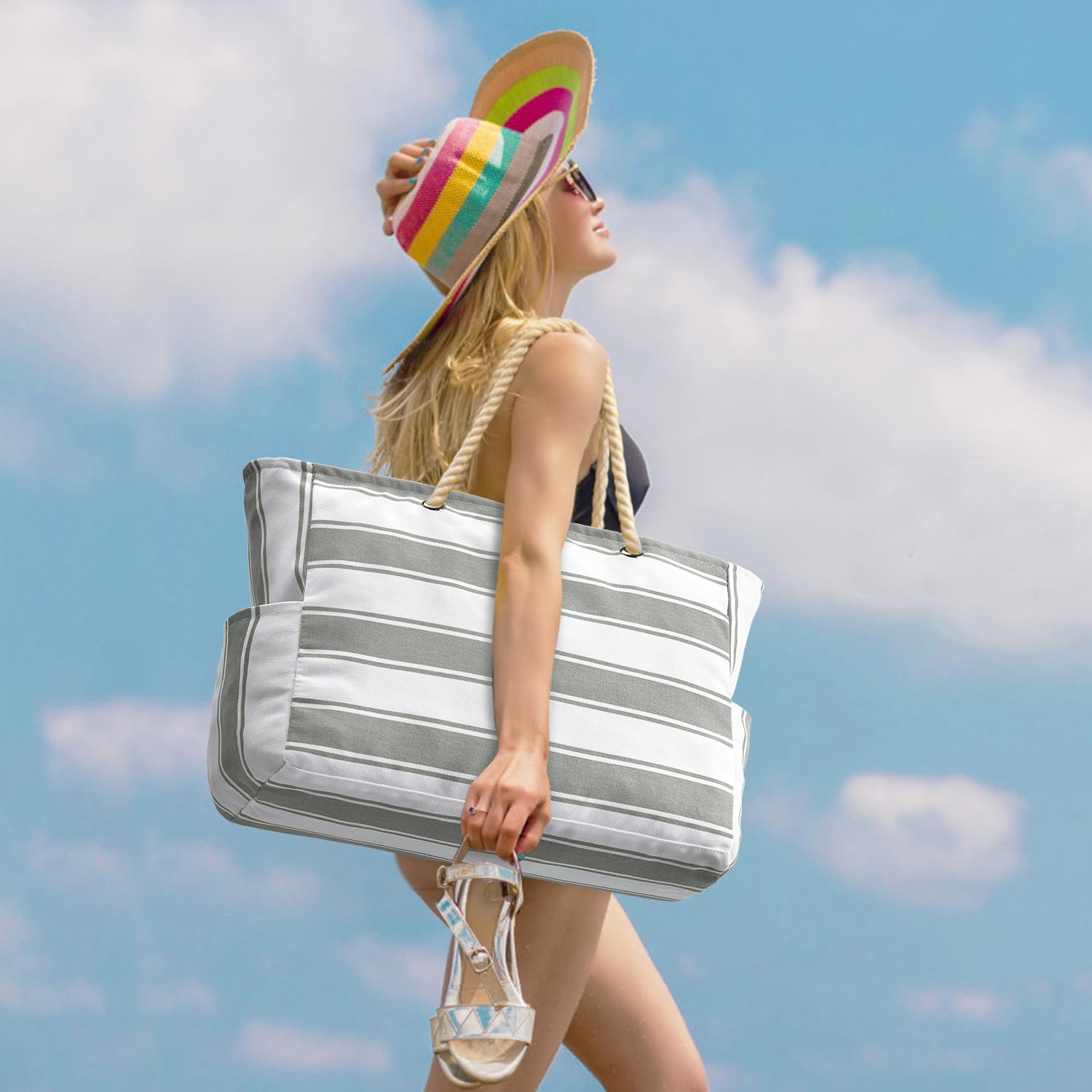 CoastCarry Waterproof Oversized Beach Tote with Zipper and Bottle Pockets