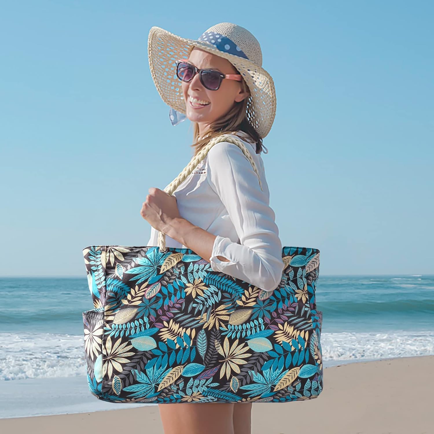 CoastCarry Waterproof Oversized Beach Tote with Zipper and Bottle Pockets
