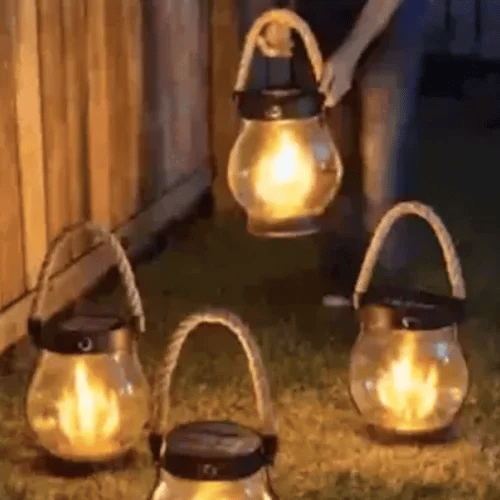 LumaFlare Solar Flame Garden Lantern with Hanging Rope Light