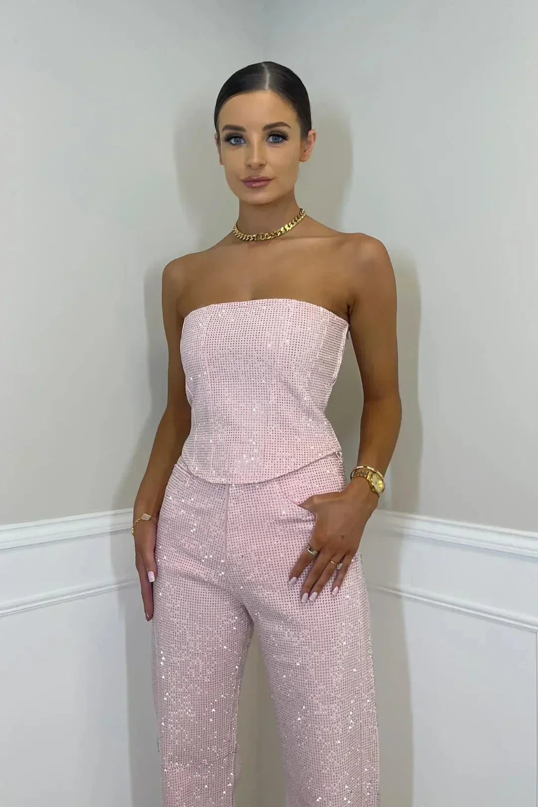 NovaGlam Glitter Top and High-Waisted Jeans Co-Ord Set