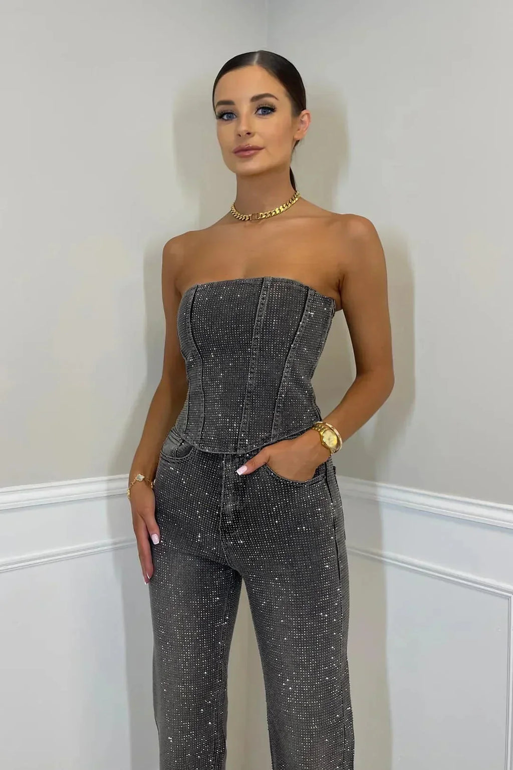 NovaGlam Glitter Top and High-Waisted Jeans Co-Ord Set