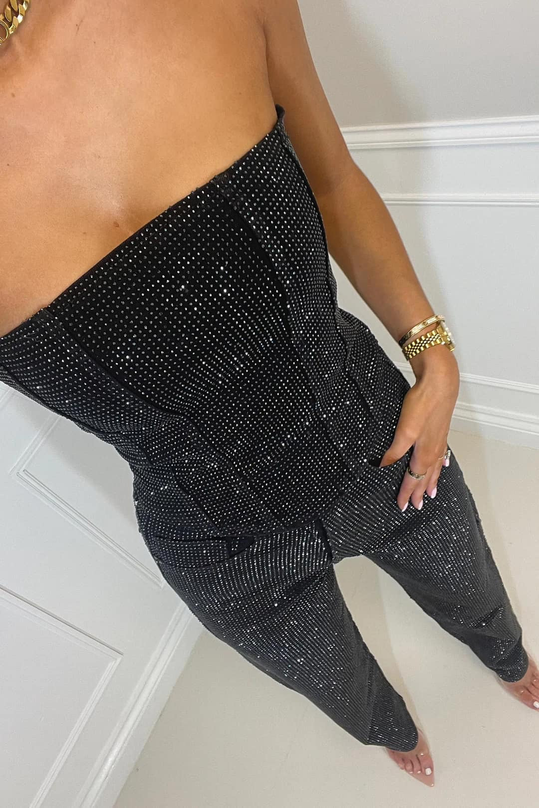 NovaGlam Glitter Top and High-Waisted Jeans Co-Ord Set