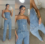 NovaGlam Glitter Top and High-Waisted Jeans Co-Ord Set