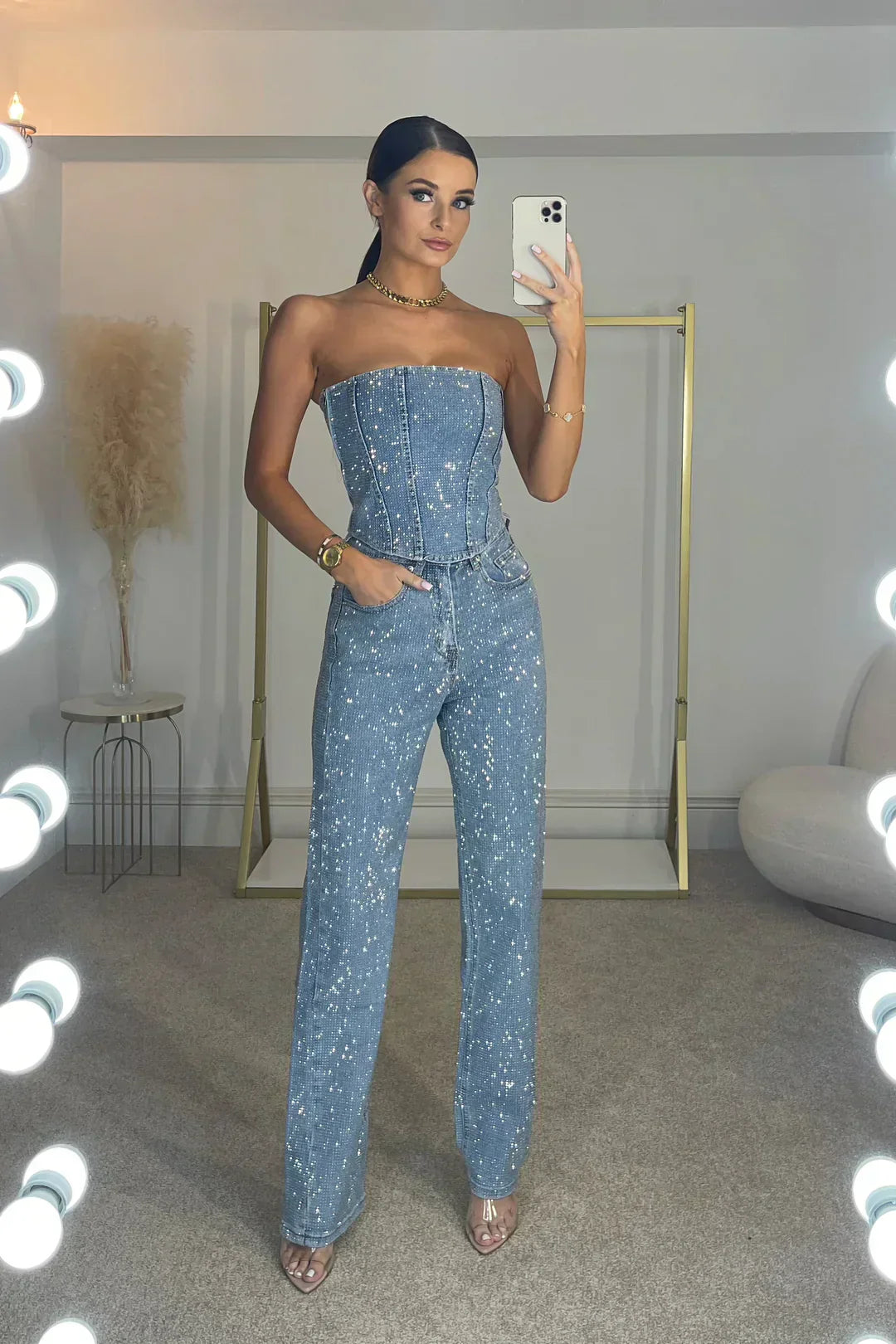 NovaGlam Glitter Top and High-Waisted Jeans Co-Ord Set