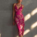 BloomVerve Women's Floral Pleated Midi Dress with Draped Collar Neckline