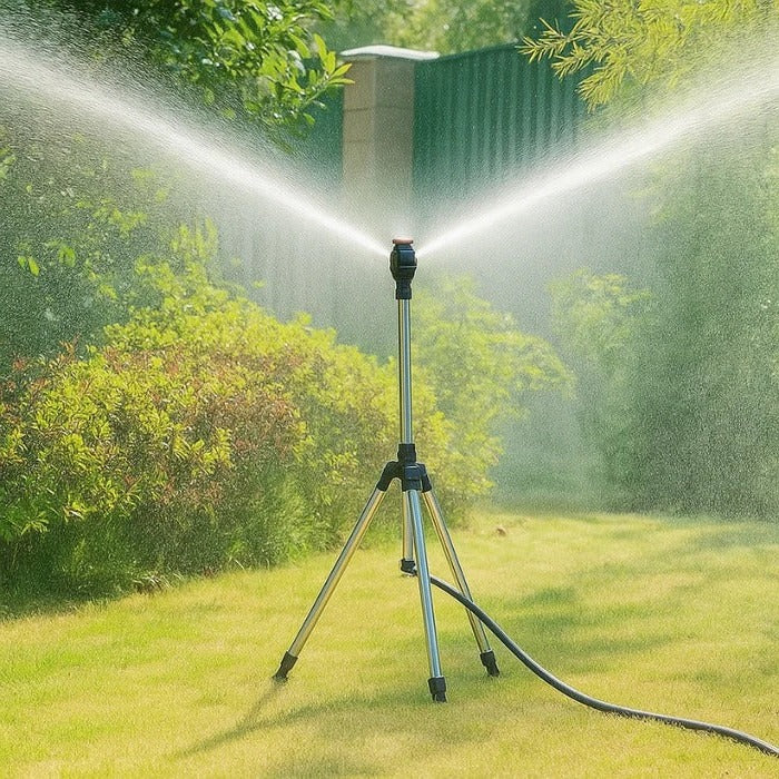 360-Degree Rotating Tripod Garden Sprinkler with Adjustable Coverage