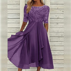 Women's Lace Midi Dress with Chiffon Skirt