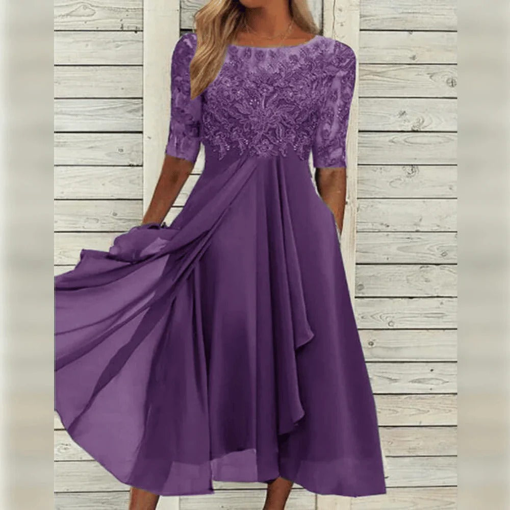Women's Lace Midi Dress with Chiffon Skirt