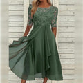 Women's Lace Midi Dress with Chiffon Skirt