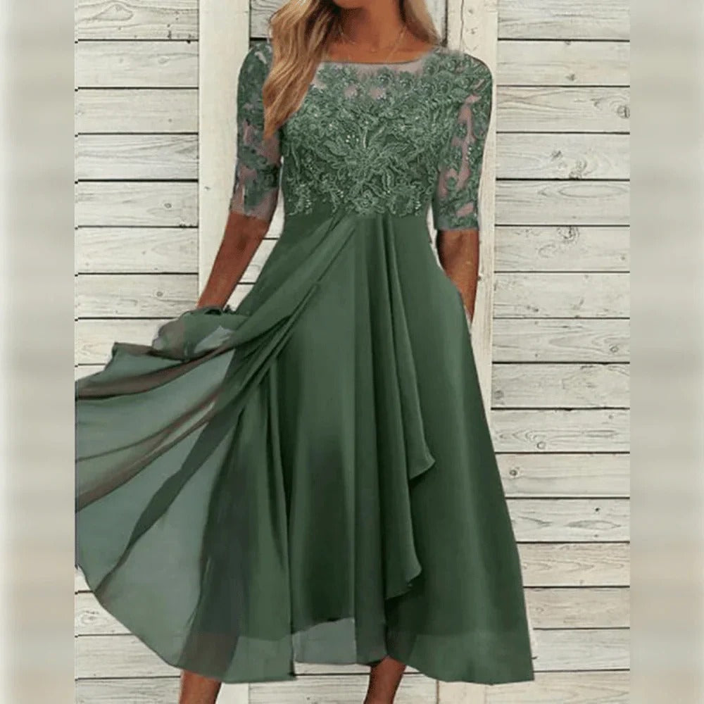 Women's Lace Midi Dress with Chiffon Skirt