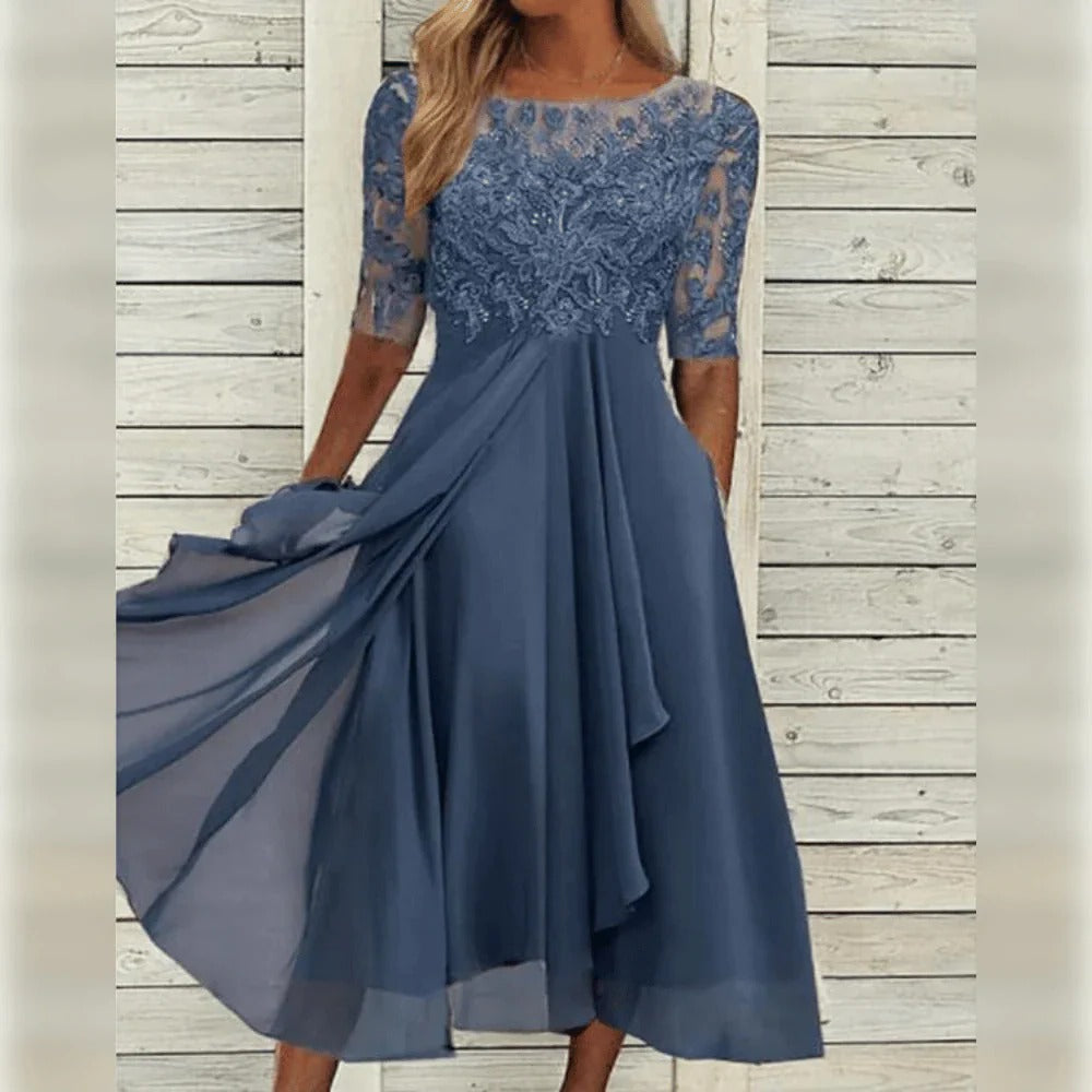 Women's Lace Midi Dress with Chiffon Skirt