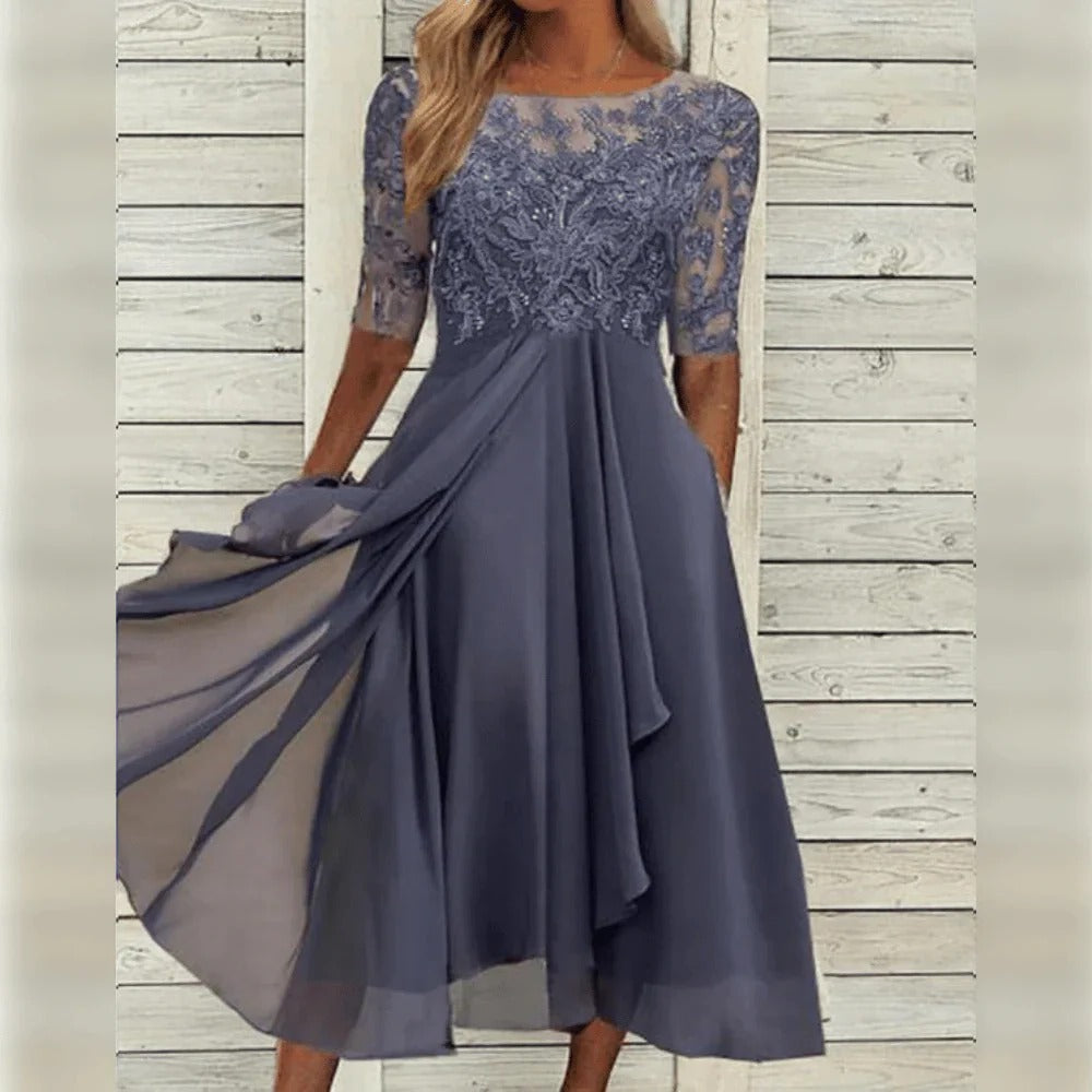Women's Lace Midi Dress with Chiffon Skirt