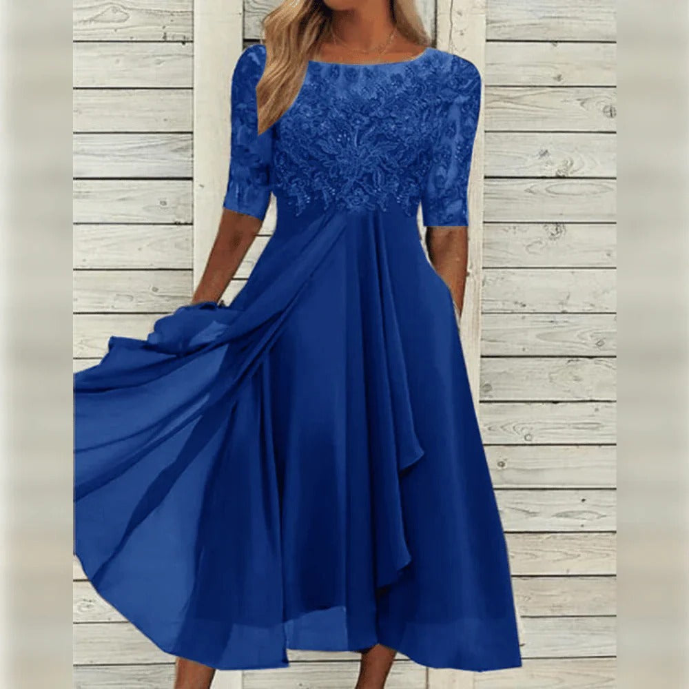 Women's Lace Midi Dress with Chiffon Skirt
