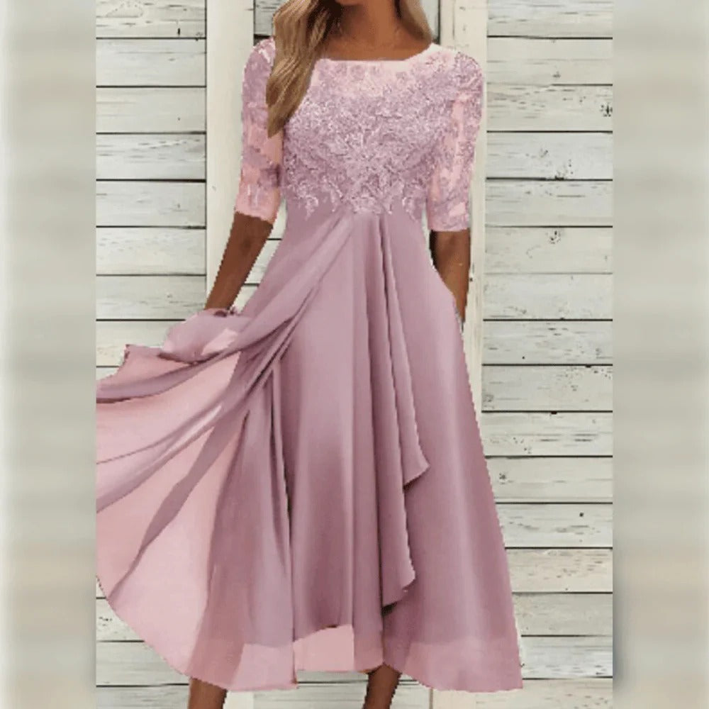 Women's Lace Midi Dress with Chiffon Skirt