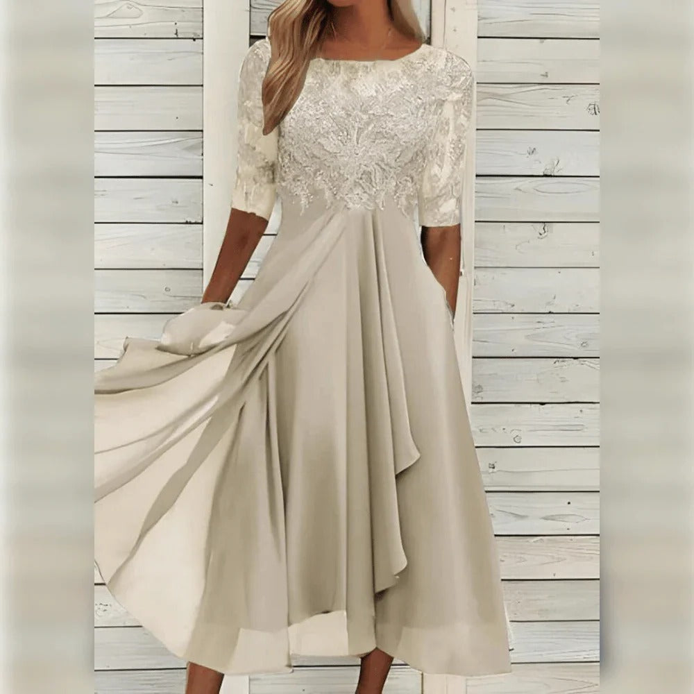 Women's Lace Midi Dress with Chiffon Skirt
