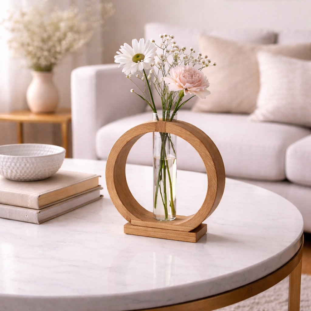 Wooden Frame Vase with Minimalist Glass Tube