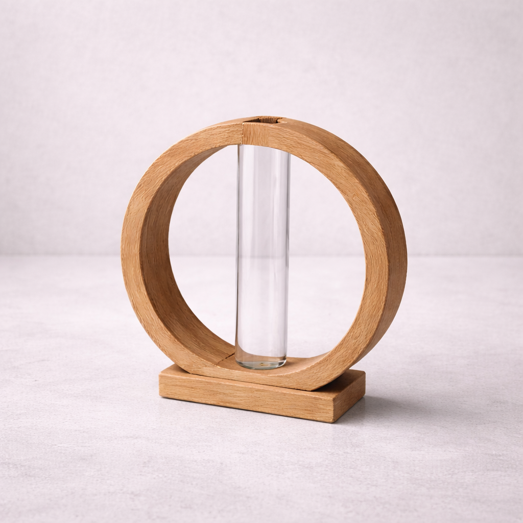 Wooden Frame Vase with Minimalist Glass Tube