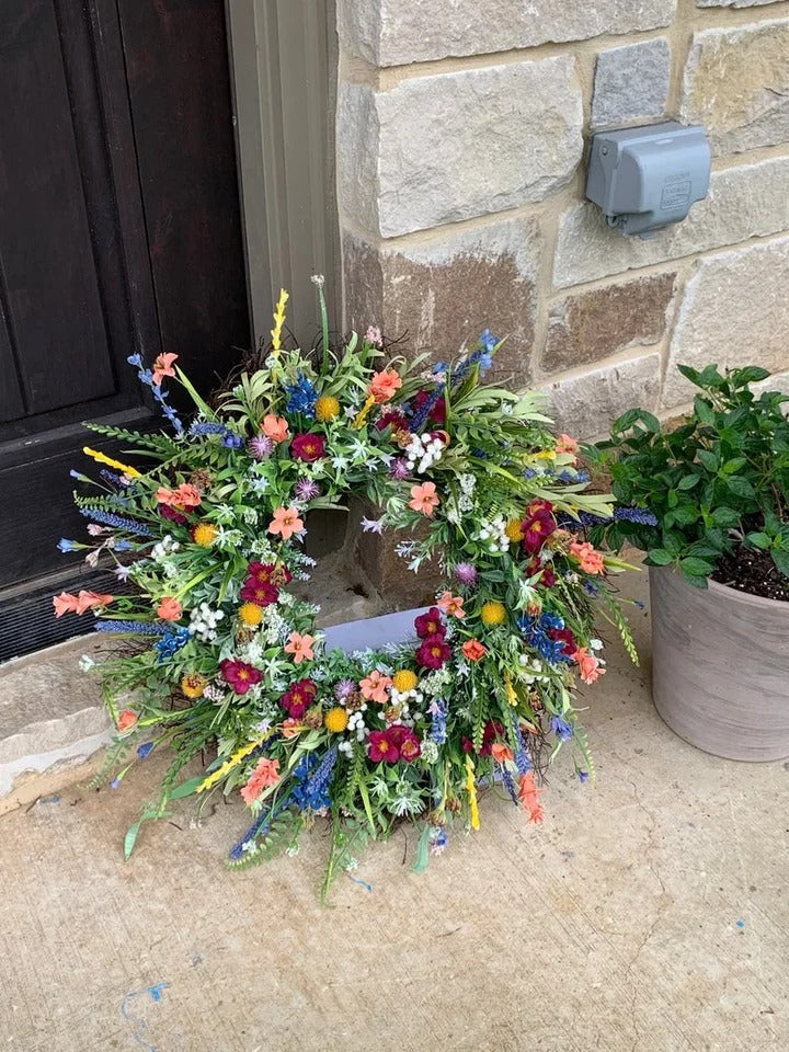 Wildflower Silk Wreath with Eucalyptus - 19-22 Inch Decorative Wreath