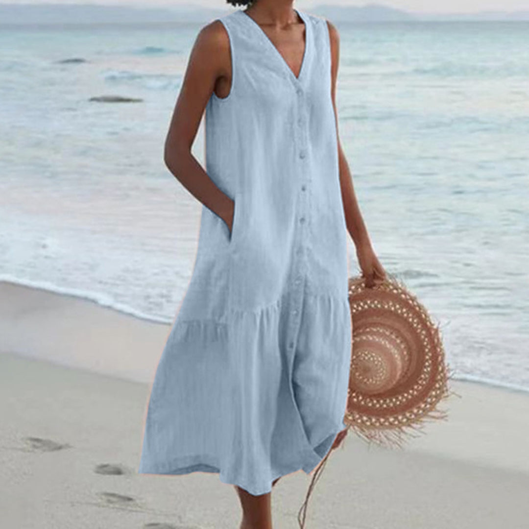 BreezeHaven Women's Linen Button Front Sleeveless Summer Dress