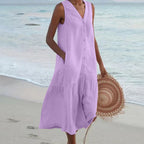 BreezeHaven Women's Linen Button Front Sleeveless Summer Dress