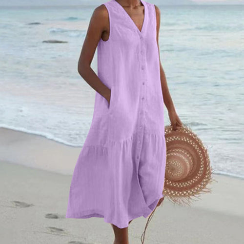 BreezeHaven Women's Linen Button Front Sleeveless Summer Dress