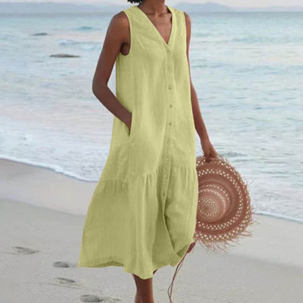 BreezeHaven Women's Linen Button Front Sleeveless Summer Dress