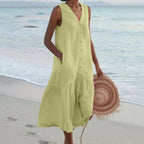 BreezeHaven Women's Linen Button Front Sleeveless Summer Dress