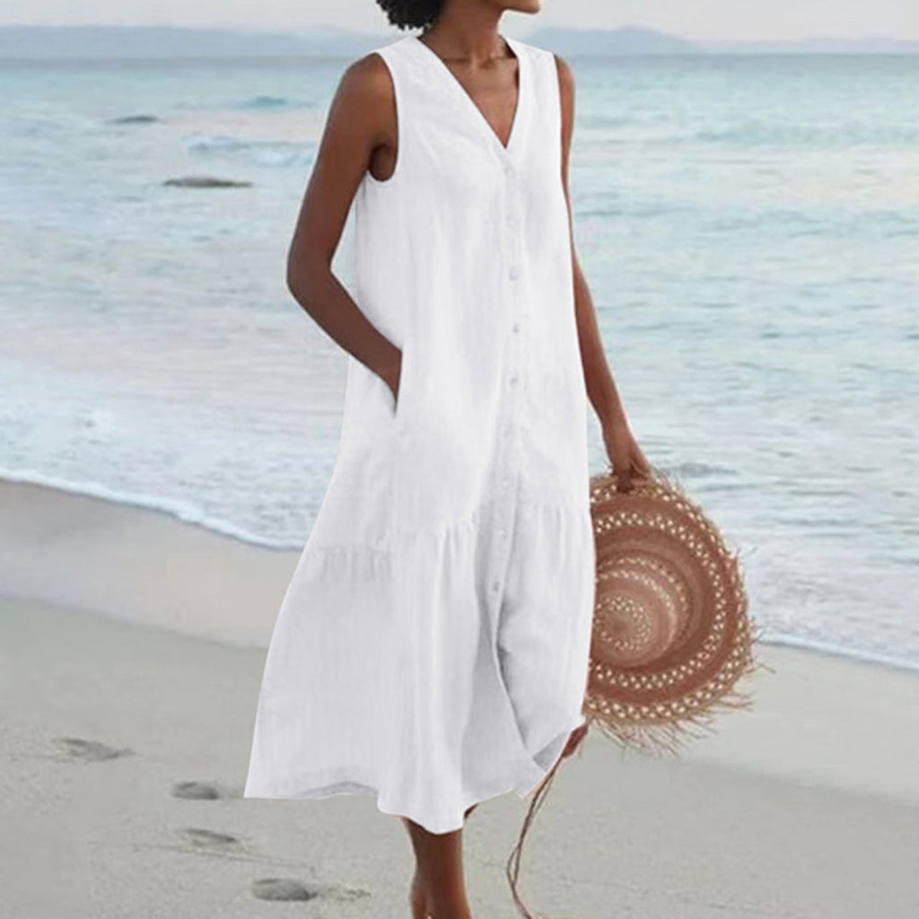 BreezeHaven Women's Linen Button Front Sleeveless Summer Dress