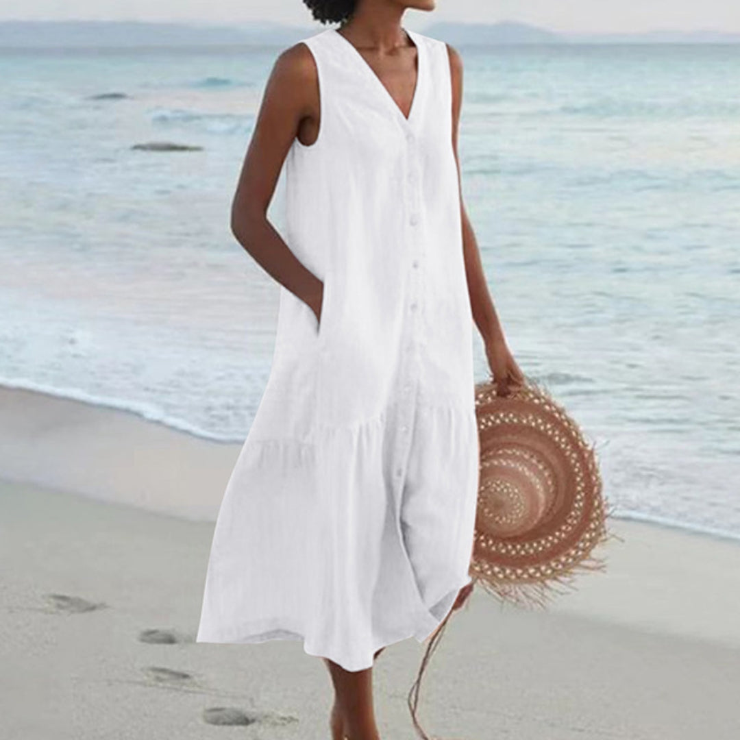 BreezeHaven Women's Linen Button Front Sleeveless Summer Dress