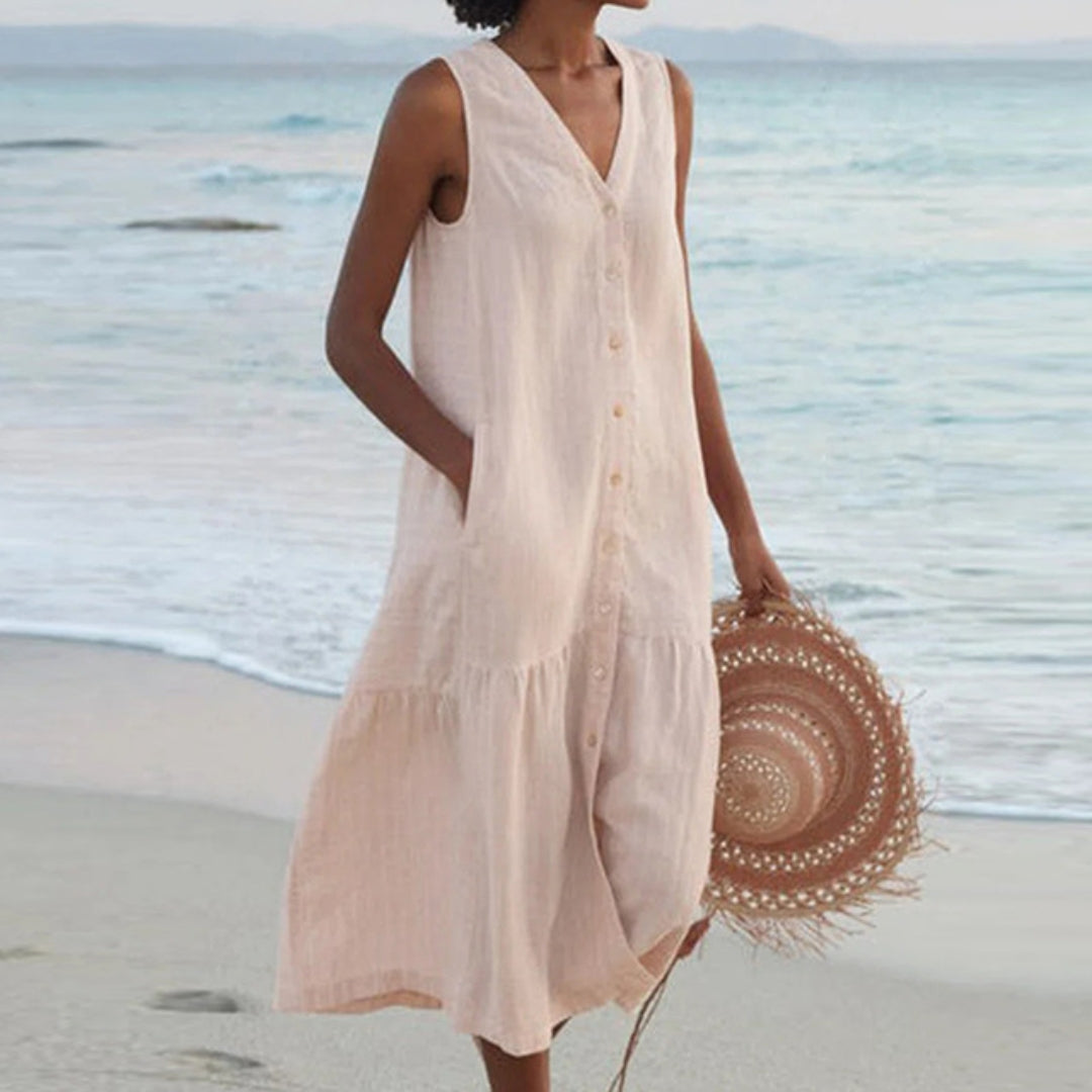 BreezeHaven Women's Linen Button Front Sleeveless Summer Dress