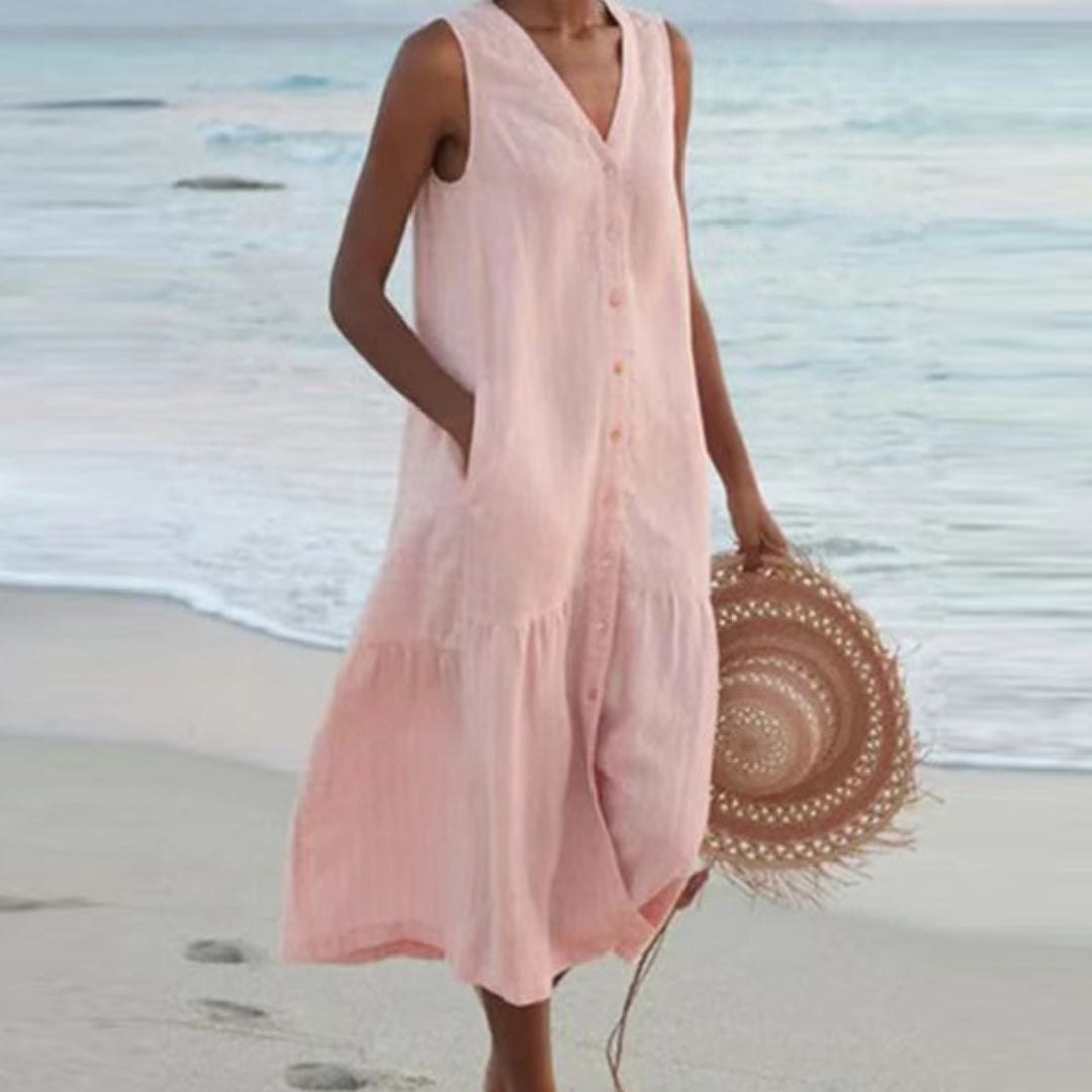 BreezeHaven Women's Linen Button Front Sleeveless Summer Dress