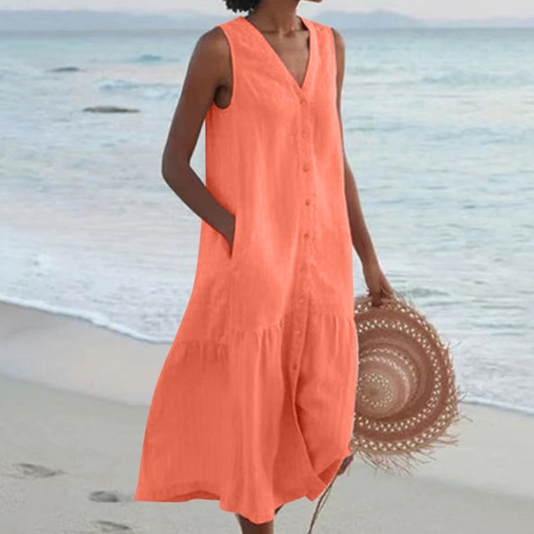 BreezeHaven Women's Linen Button Front Sleeveless Summer Dress