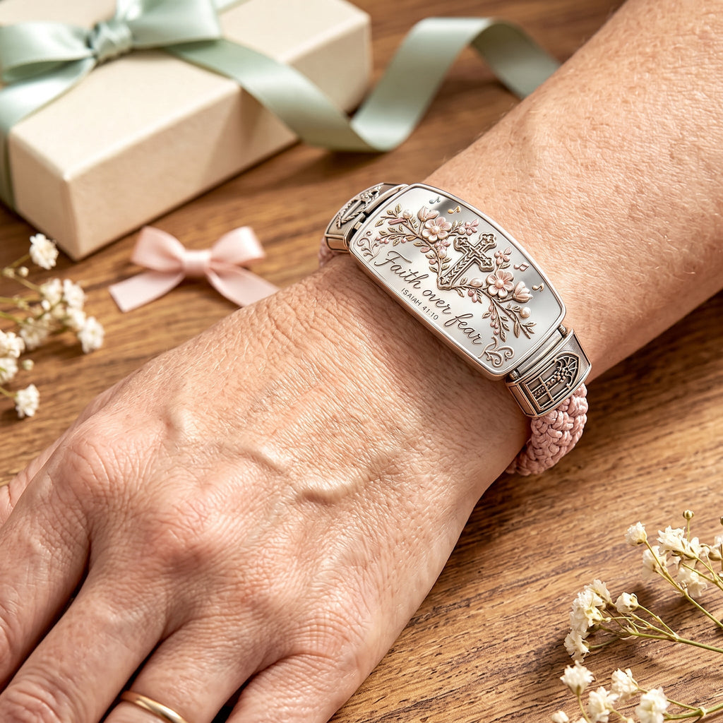 Scripture Strength Floral Cross Bracelet with Isaiah 41:10 Engraving