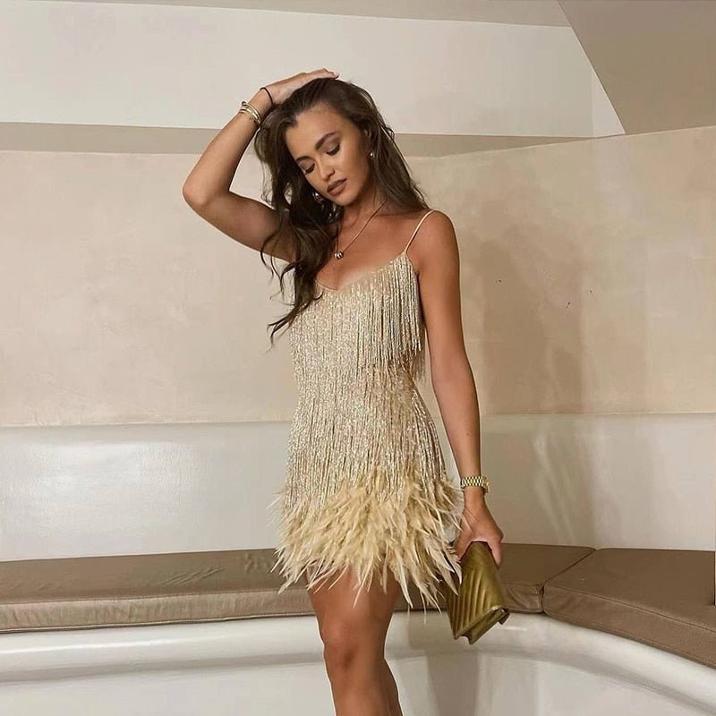 LumiBelle Sequin Party Dress with Feather Hem and Spaghetti Straps
