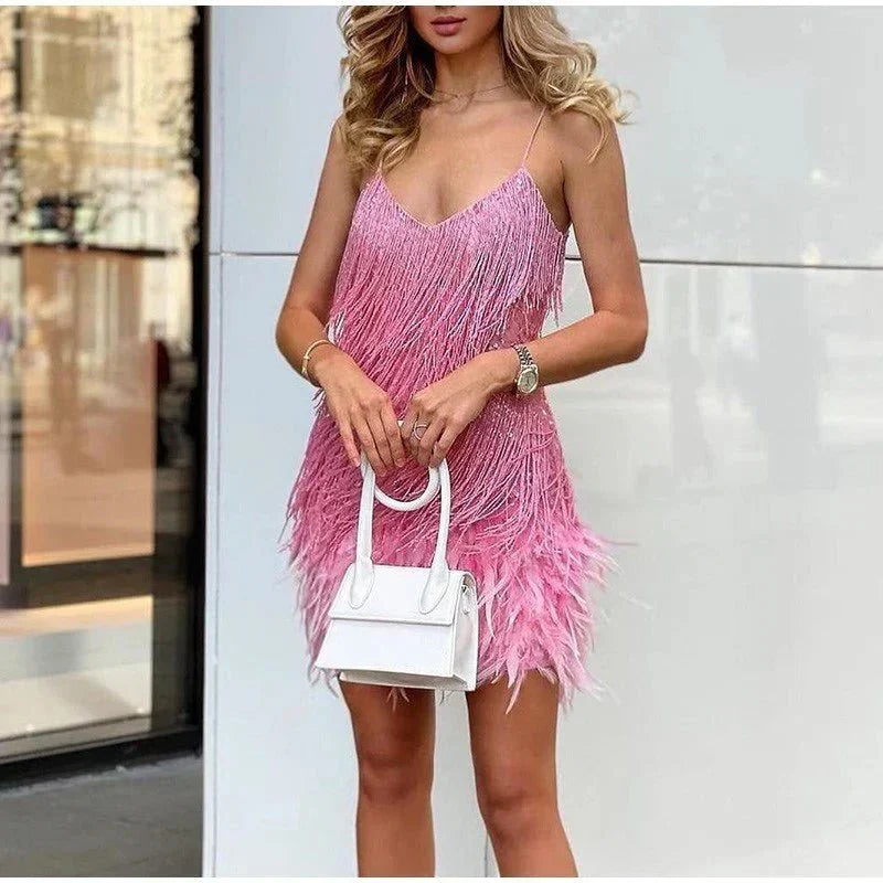 LumiBelle Sequin Party Dress with Feather Hem and Spaghetti Straps