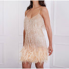 LumiBelle Sequin Party Dress with Feather Hem and Spaghetti Straps