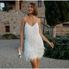 LumiBelle Sequin Party Dress with Feather Hem and Spaghetti Straps