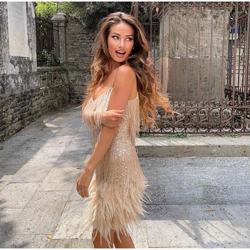 LumiBelle Sequin Party Dress with Feather Hem and Spaghetti Straps