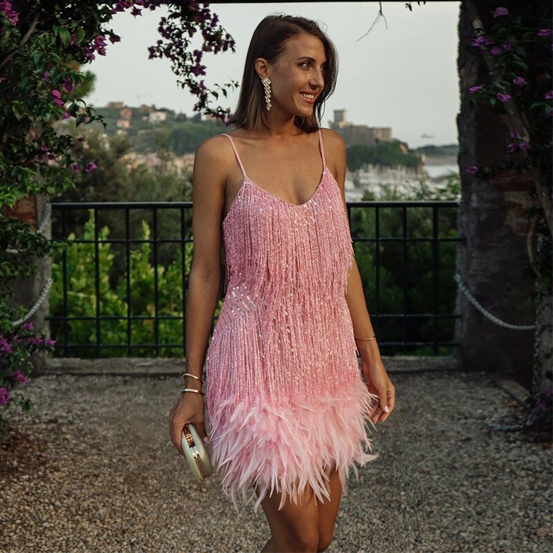 LumiBelle Sequin Party Dress with Feather Hem and Spaghetti Straps